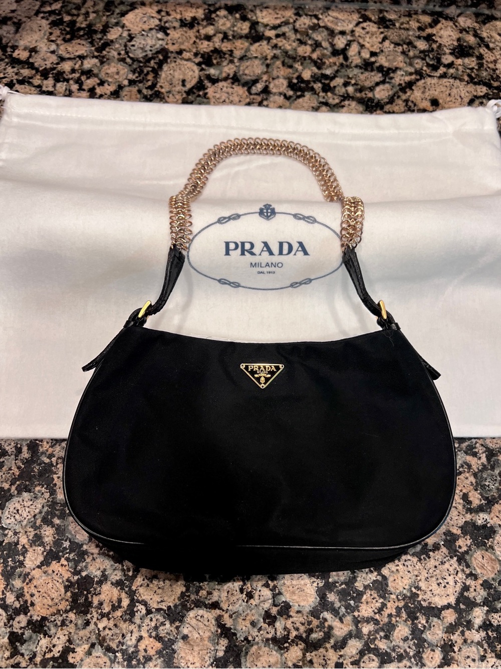 PRADA⭐️Authentic Black Nylon Mini Hobo Bag with Gold Chain Handle
